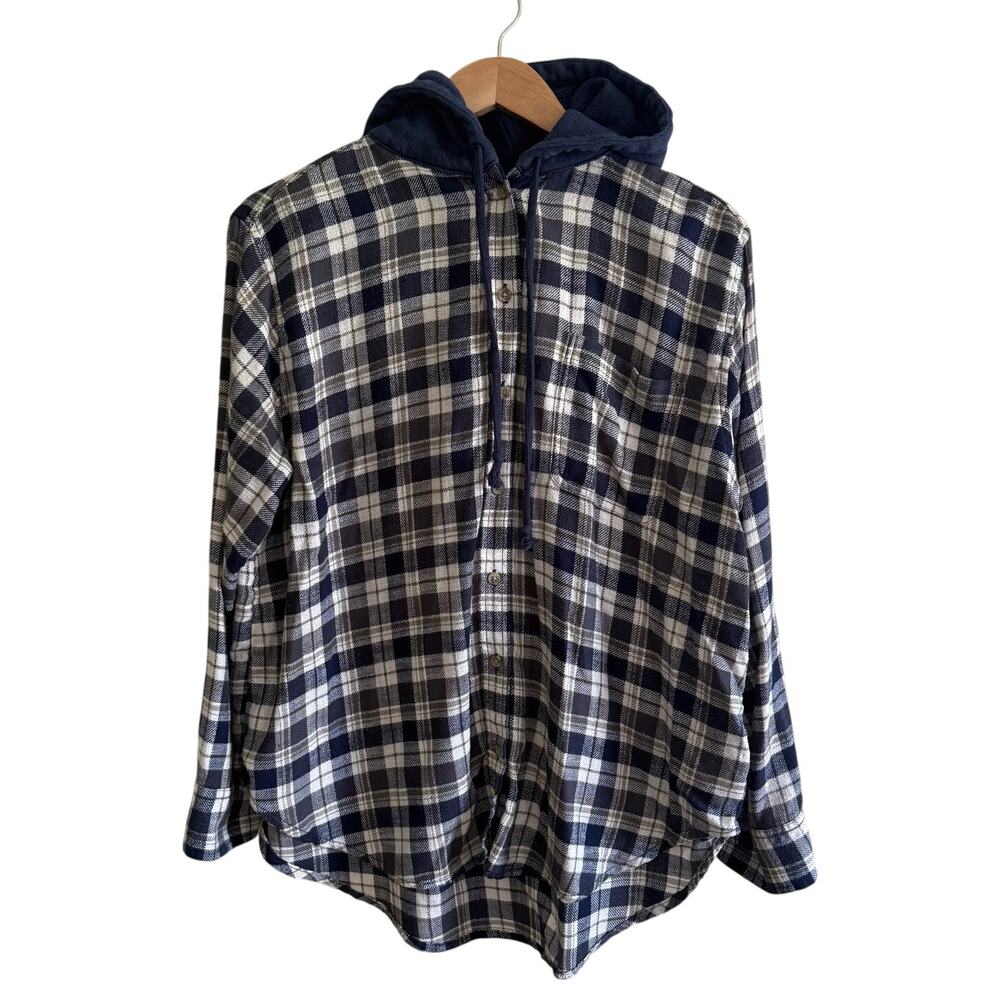 Men's Navy and White Plaid Hooded Button-Up Shirt